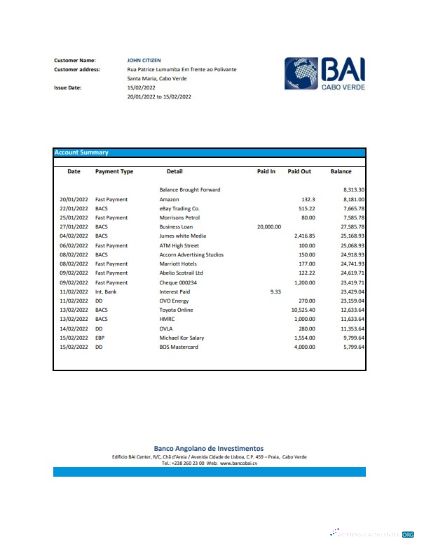 Download Cabo Verde Banco Africano de Investimentos bank statement (AutoSum) excel Photoshop template
